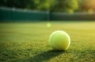 Tennis ball on the green field with sunlight. Sport concept. AI Generative photo