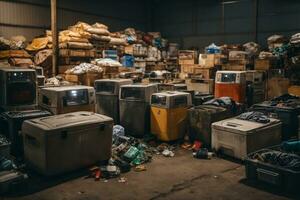 Electronic waste waiting for disposal, refrigerator washing machine. AI Generative photo