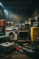 Electronic waste waiting for disposal, refrigerator washing machine. AI Generative photo