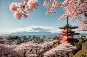 monte fuji y Cereza florecer a kawaguchiko lago en Japón, ai generativo foto