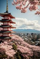 Mt Fuji and Cherry Blossom at Kawaguchiko lake in Japan, AI Generative photo