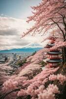 Mt Fuji and Cherry Blossom at Kawaguchiko lake in Japan, AI Generative photo