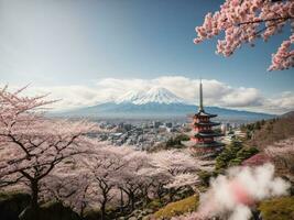 Mt Fuji and Cherry Blossom at Kawaguchiko lake in Japan, AI Generative photo