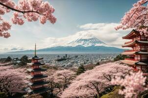 Mt Fuji and Cherry Blossom at Kawaguchiko lake in Japan, AI Generative photo