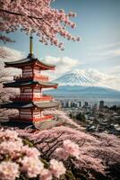 monte fuji y Cereza florecer a kawaguchiko lago en Japón, ai generativo foto