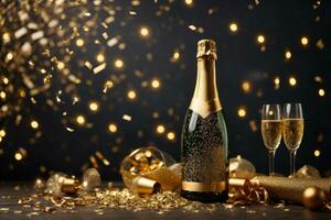 Bottle of champagne with golden confetti on bokeh background, AI Generative photo