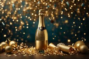 Bottle of champagne with golden confetti on bokeh background, AI Generative photo