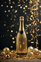 Bottle of champagne with golden confetti on bokeh background, AI Generative photo