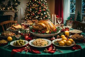 Christmas roasted turkey with cranberries and oranges on rustic wooden table, AI Generative photo