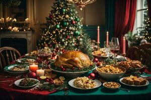 Christmas roasted turkey with cranberries and oranges on rustic wooden table, AI Generative photo