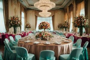 Boda banquete mesa decorado con flores y Manteles, ai generativo foto