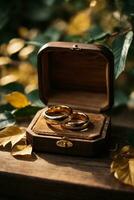 Wedding rings in wooden box on rustic wooden table. AI Generative photo