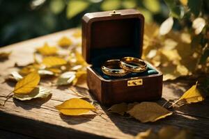 Boda anillos en de madera caja en rústico de madera mesa. ai generativo foto