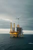 Offshore oil and gas production petroleum pipeline and wind turbine in the sea, AI Generative photo