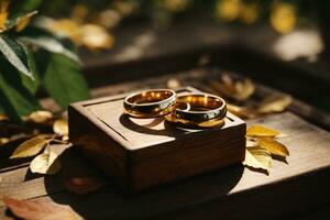 Wedding rings in wooden box on rustic wooden table. AI Generative photo