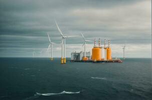Offshore oil and gas production petroleum pipeline and wind turbine in the sea, AI Generative photo