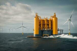 costa afuera petróleo y gas producción petróleo tubería y viento turbina en el mar, ai generativo foto