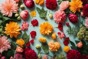 Flowers composition. Frame made of colorful flowers on blue background. Flat lay, top view, copy space, AI Generative photo