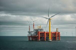 costa afuera petróleo y gas producción petróleo tubería y viento turbina en el mar, ai generativo foto