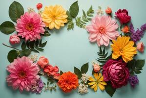 Flowers composition. Frame made of colorful flowers on blue background. Flat lay, top view, copy space, AI Generative photo