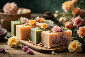 Handmade soap bars with flowers on wooden background. AI Generative photo