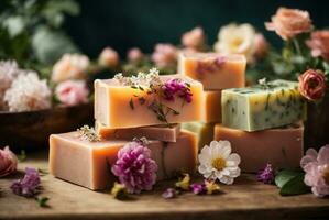Handmade soap bars with flowers on wooden background. AI Generative photo
