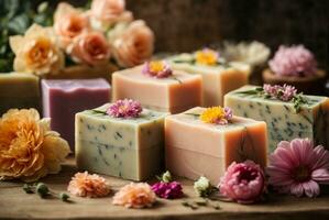 Handmade soap bars with flowers on wooden background. AI Generative photo