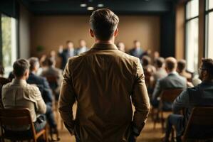 Business and entrepreneurship symposium. Speaker giving a talk at business meeting. Audience in conference hall.AI Generative photo