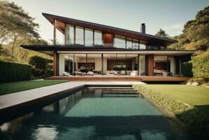Modern cozy house with pool and parking for sale or rent in luxurious style and beautiful landscaping on background. AI Generative photo