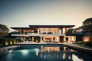 Modern cozy house with pool and parking for sale or rent in luxurious style and beautiful landscaping on background. AI Generative photo