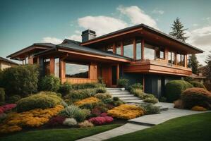 Modern wooden house with a beautiful landscaped garden in the autumn.AI Generative photo