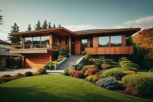 Modern wooden house with a beautiful landscaped garden in the autumn.AI Generative photo