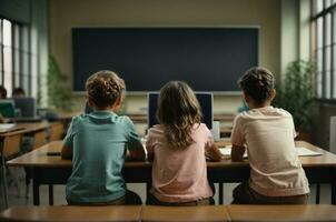 Group of children sitting in classroom, back view. Elementary school education, AI Generative photo