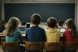 Group of children sitting in classroom, back view. Elementary school education, AI Generative photo