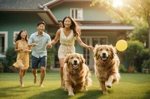 A happy family playing with a golden retriever in the front yard. AI Generative photo