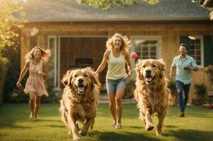 A happy family playing with a golden retriever in the front yard. AI Generative photo