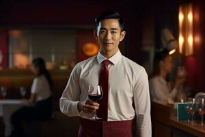 hermoso camarero en uniforme con blanco toalla sirve vino a invitados en restaurante, ai generativo foto