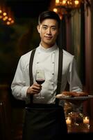 Handsome waiter in uniform with white towel serves wine to guests in restaurant, AI Generative photo