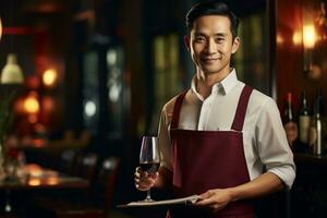 Handsome waiter in uniform with white towel serves wine to guests in restaurant, AI Generative photo