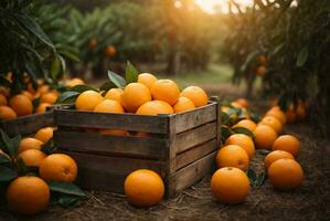 Fresh oranges in a wooden crate with a blurred background in an orange farm, AI Generative photo