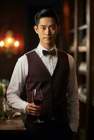 Handsome waiter in uniform with white towel serves wine to guests in restaurant, AI Generative photo