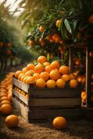 Fresh oranges in a wooden crate with a blurred background in an orange farm, AI Generative photo