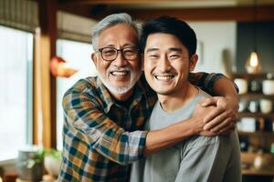 Happy father and son enjoy staying home on Father's Day with family love., AI Generative photo