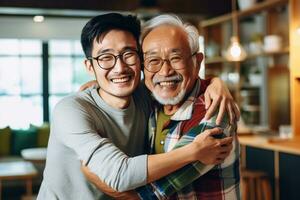 Happy father and son enjoy staying home on Father's Day with family love., AI Generative photo