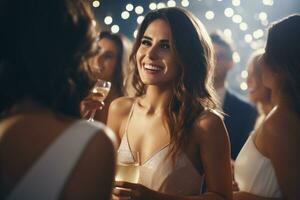Beautiful woman enjoying wine at night at a party, AI Generative photo