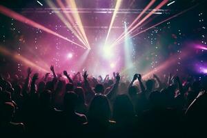 Rear view of  the crowd of people at a party at a concert stage at a music festival, AI Generative photo