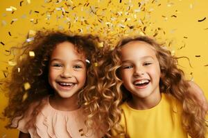 contento niña con papel picado en amarillo antecedentes. ai generativo foto