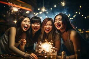 Group of happy friends playing fireworks and celebrating in restaurant at night, AI Generative photo
