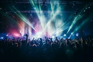 Rear view of  the crowd of people at a party at a concert stage at a music festival, AI Generative photo