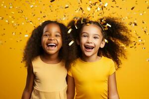 Happy girl with confetti on yellow background. AI Generative photo